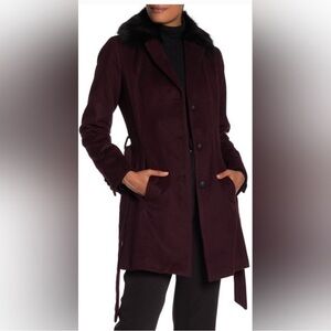 Andrew Marc Deep Burgundy Trench Coat with Black Removable Fox Collar